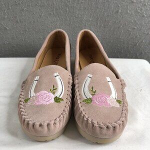 Five Tribe Shoes Women 9.5 Pink Suede Rose Embroidered Lucky Horseshoe Loafer